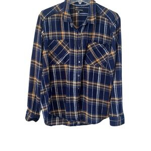 Kendall & Kylie Flannel Button Down Shirt Blue and Yellow Plaid Size M/L